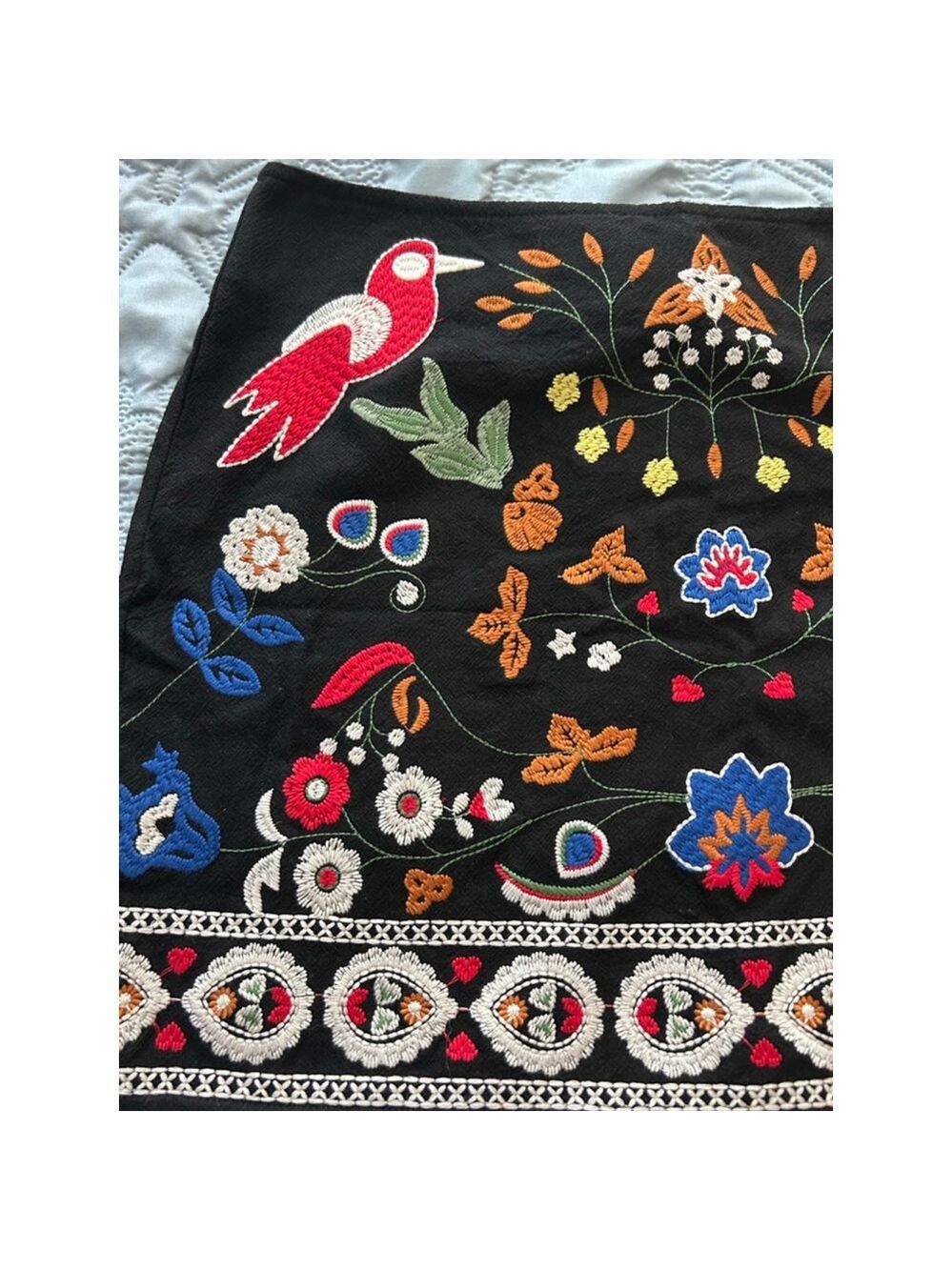 Umgee Black Multicolor Embroidered Mini Skirt Birds Pom Trim Sz L NWT - Picture 7 of 13